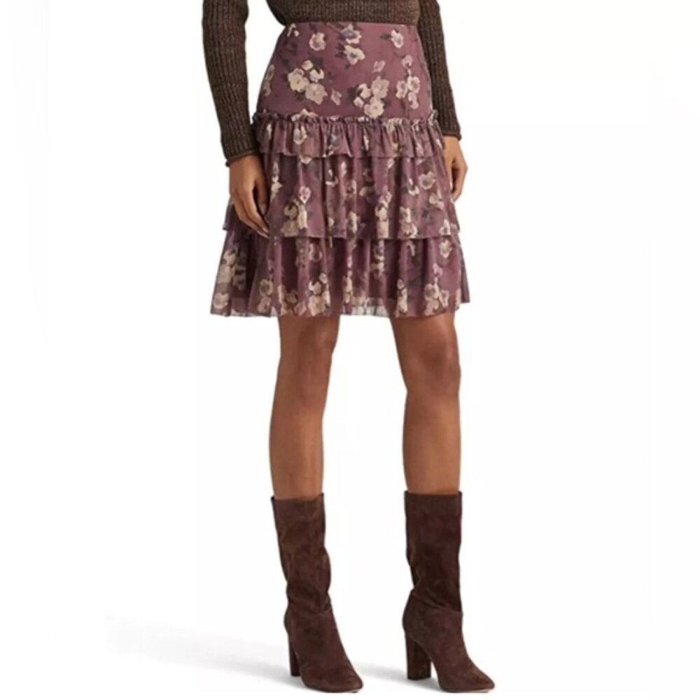 NWT LAUREN RALPH LAUREN Floral Crinkle‎ Georgette Miniskirt Purple Multi Size 8
